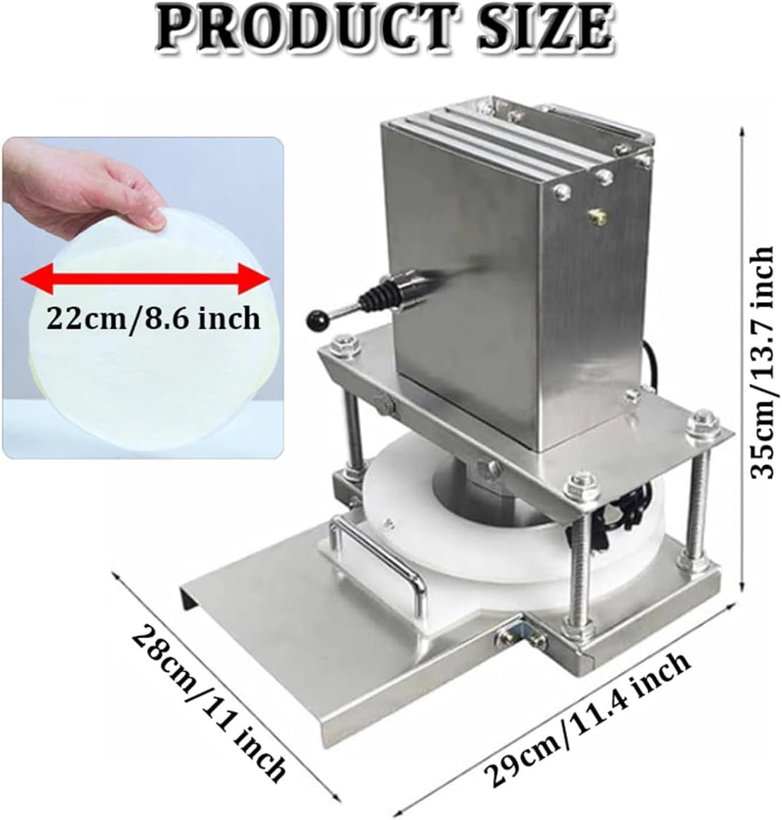 Elektrische Pizzateigpresse, 22cm/30cm Kommerzielle Edelstahl-Teigrolle und -Ausrollmaschine für Restaurant, Bäckerei und Haushalt, Nudelmaschine & Gebäckpresse für Brot, Tortilla und Fladenbrot,25cm