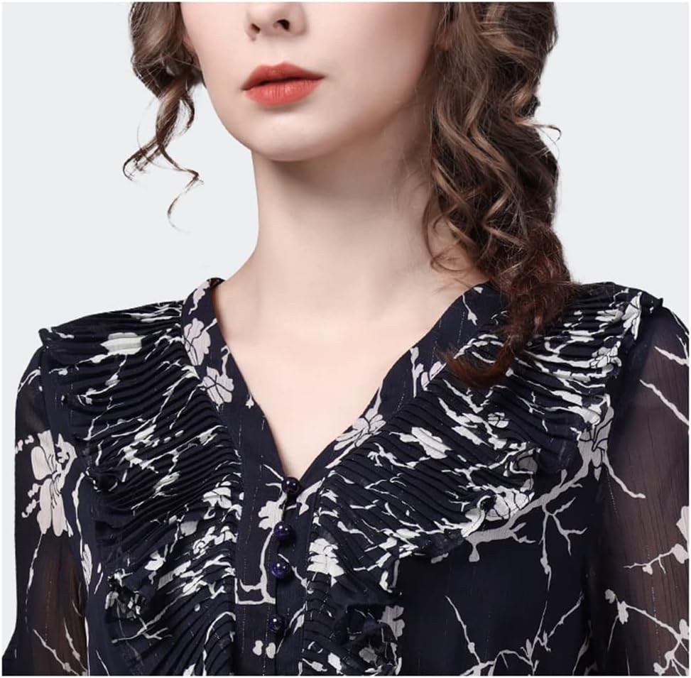 Disimlarl Ruffle Top Chiffon Printed Blouse Women Long Sleeve V-Neck Elastic Waist Blue Floral Shirts