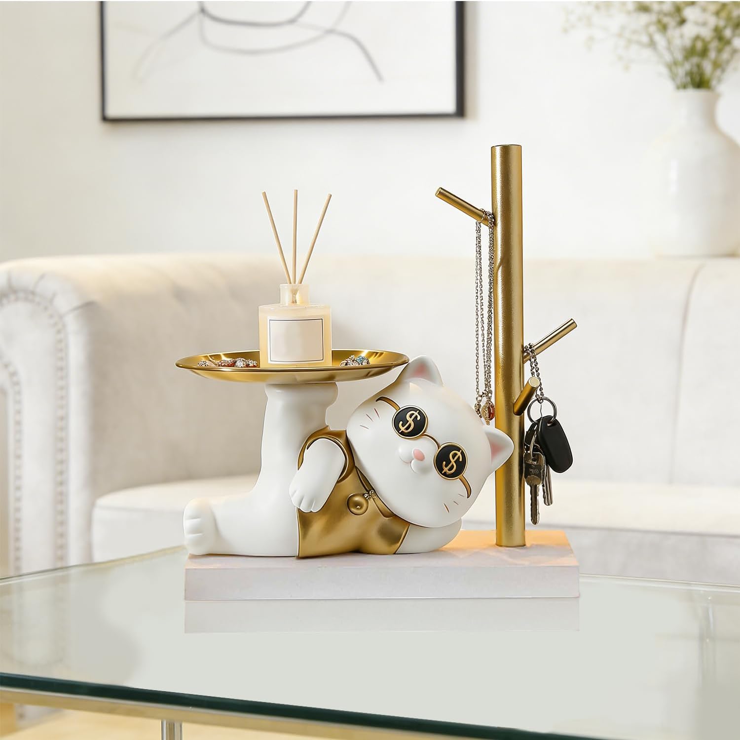 Tissting Entryway Key Storage Ornament Cartoon Cute Table Storage Tray Modern Decor Catchall Tray with Stand Hanging Organizer,for Key,Phone,Bracelets Watches (Side Lying Cat 23.5x13.5x27cm)