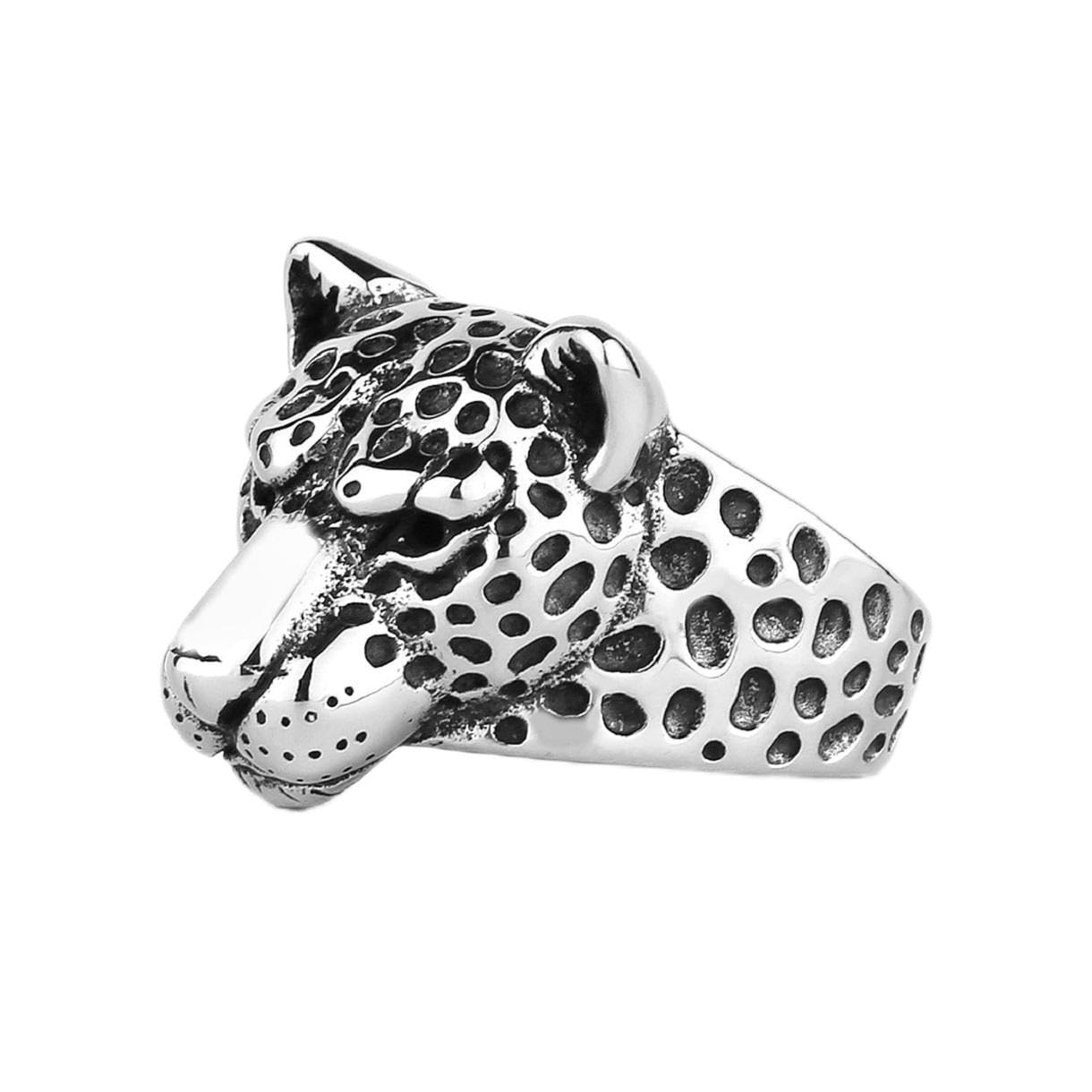 Anello Uomo Testa Di Leopardo In Acciaio Inossidabile - Design Punk E Tribale - Taglie ITA 17-27 - Regalo Motociclista