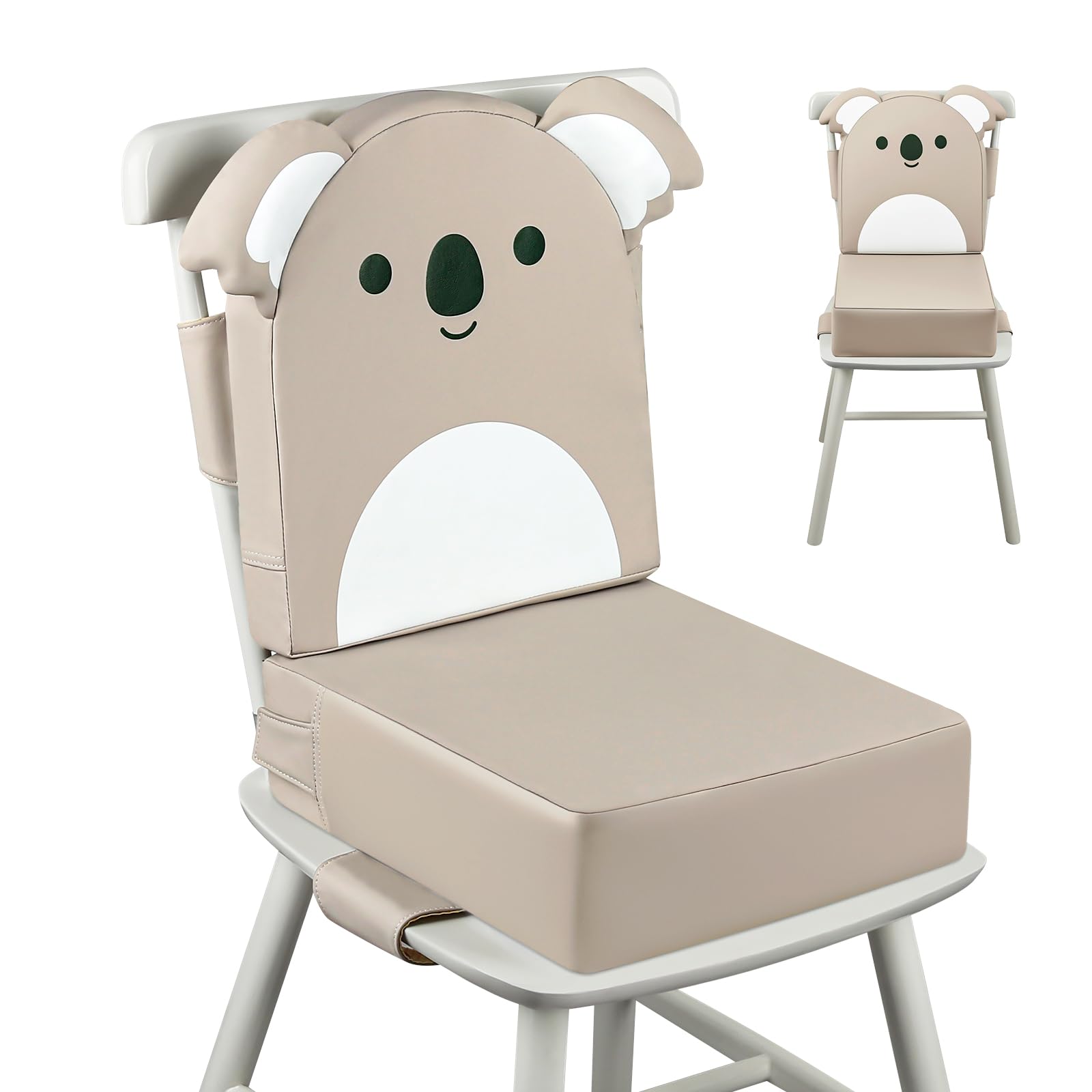 Silla Elevadora para Niños para la Mesa, 10cm PU Impermeable Cojín Con Respaldo y Ajustables Cinturón de Seguridad, 36 x 32 x 10 CM - Koala Caqui