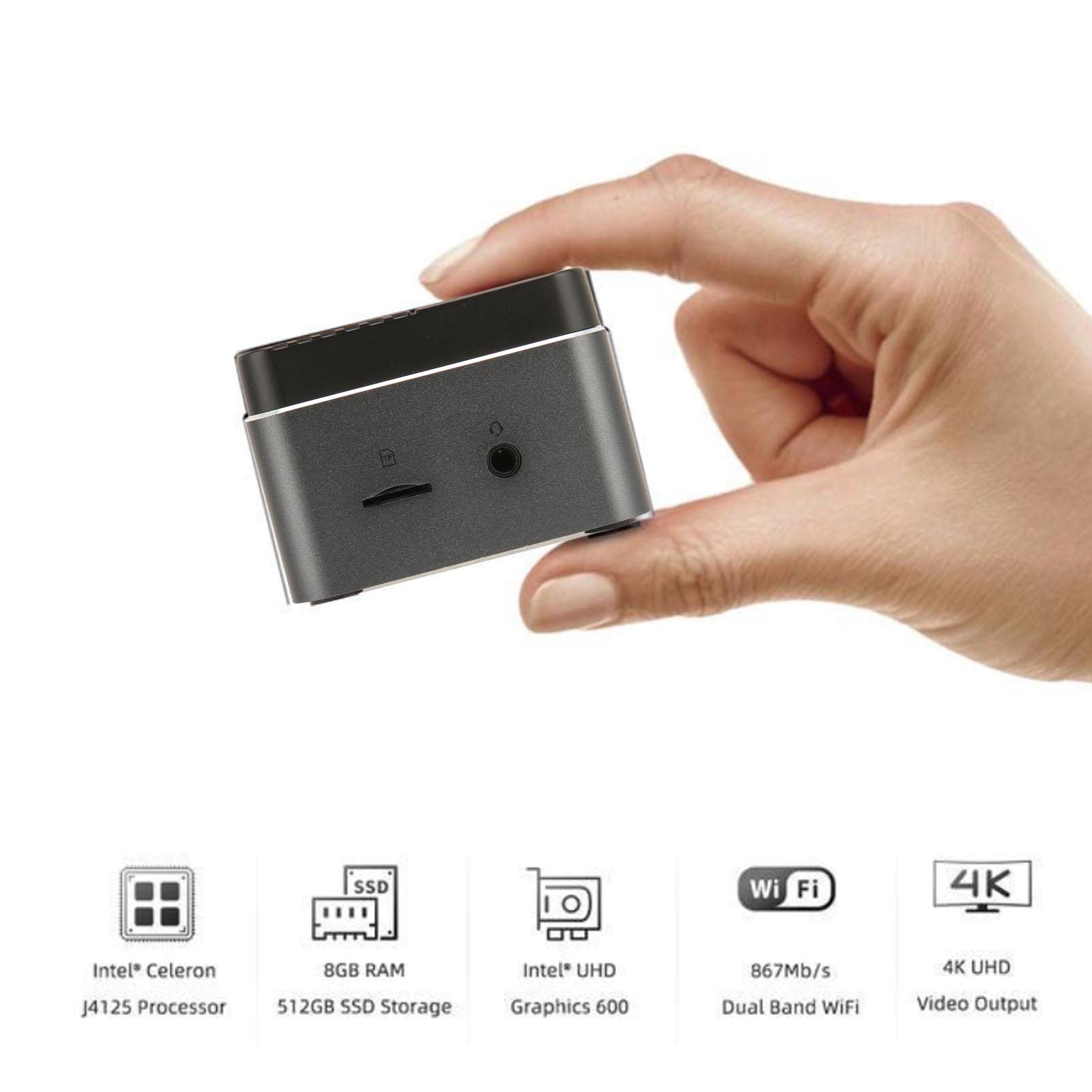 Mini PC dla Win10, J4125 4-rdzeniowy procesor 8 GB DDR4 256 Gb SSD M.2 2242 Przenośny minikomputer Host, BT4.2 HDMI, dwa interfejsy USB 3.0 i USB C 4K 60 Hz 2,4 G 5,8 G WIFI 110-240 V(EU)