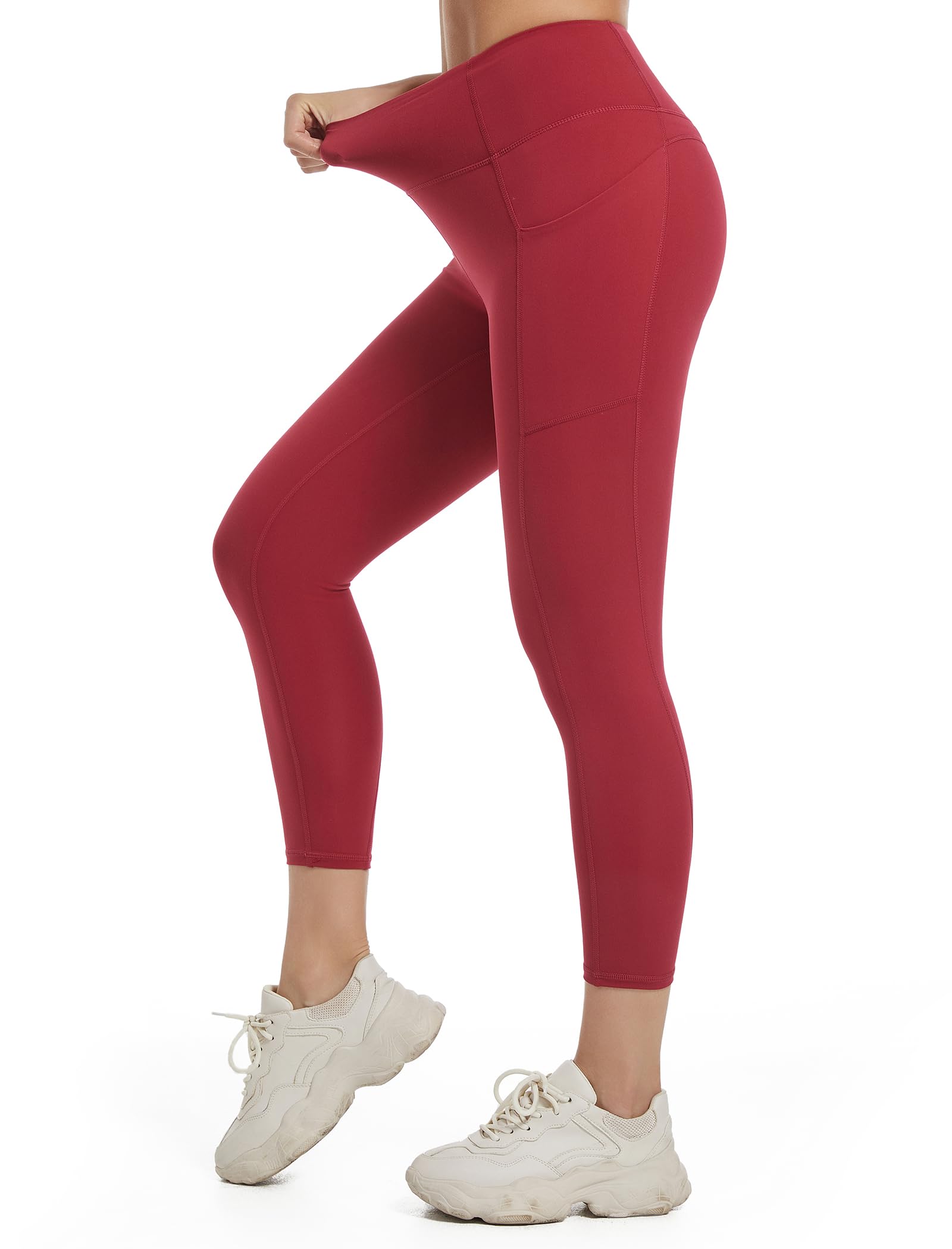 Taze'ne 7/8 Leggings with Pockets, Womens Workout Capri Legging with High Waist Tummy Control Rosered