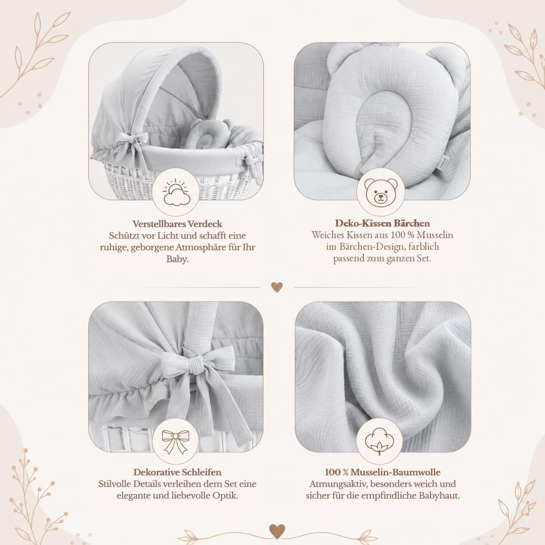 Wiklinopol Baby Bettwäsche Set 5-teilig Musselin Verdeck 110 cm Grau | Stubenwagen Bezug Set, Babybettwäsche aus 100% Baumwolle, Decke 70x80 cm, Kissen 25x30 cm, Spannbettlaken, Einlage Ø 260 cm