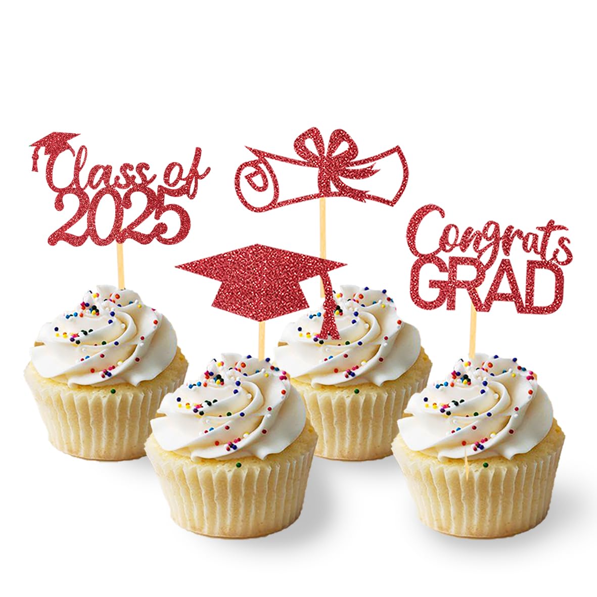 2025 Graduation Theme Cupcake Toppers Glitter Class of 2025 Graduation Cap Diploma Cupcake Picks - Set of 24 (Red)