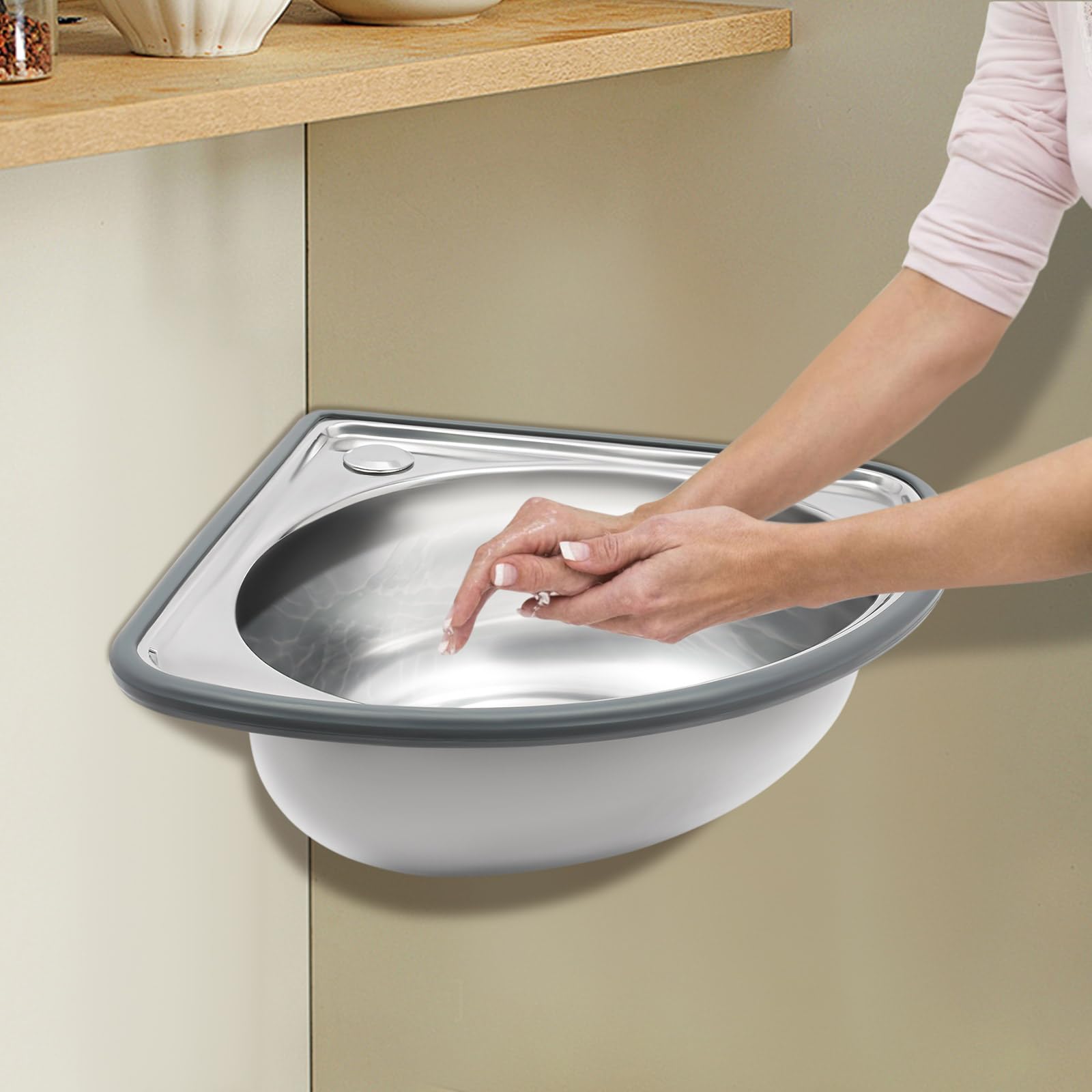 Lavabo angolare 44 x 37 x 13,2 cm, fino a 25 kg, triangolare, con tubo di scarico da 80 cm, per il montaggio a parete, in acciaio inox, piccolo lavello per bagno, cucina, garage