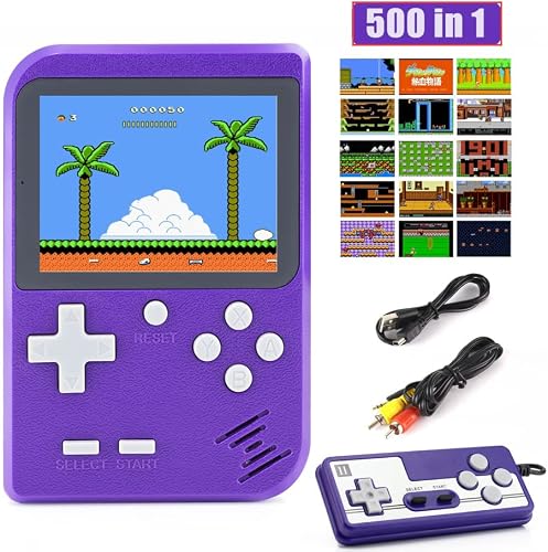 Retro Handheld Game Console, Melusen Video Game Console with 500 Classical FC Games 3-Inch Color Screen 800mAh Rechargeable Battery Gameboy Support for Connecting TV and Two Players (Purple)