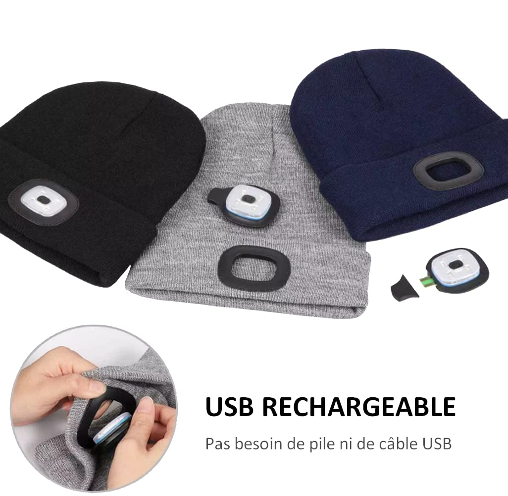 Berretto con lampada frontale a LED USB ricaricabile grigio