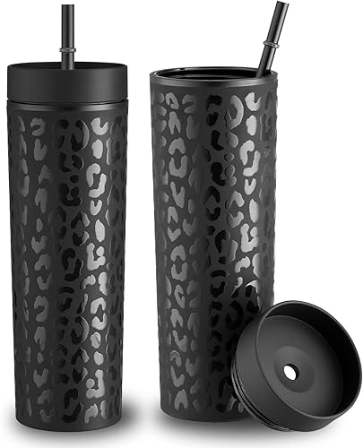 XUWAIDSGN Paquete de 2 vasos de acrílico de leopardo negro con tapa y pajilla, 16 onzas, de plástico de doble pared con estampado de leopardo negro,