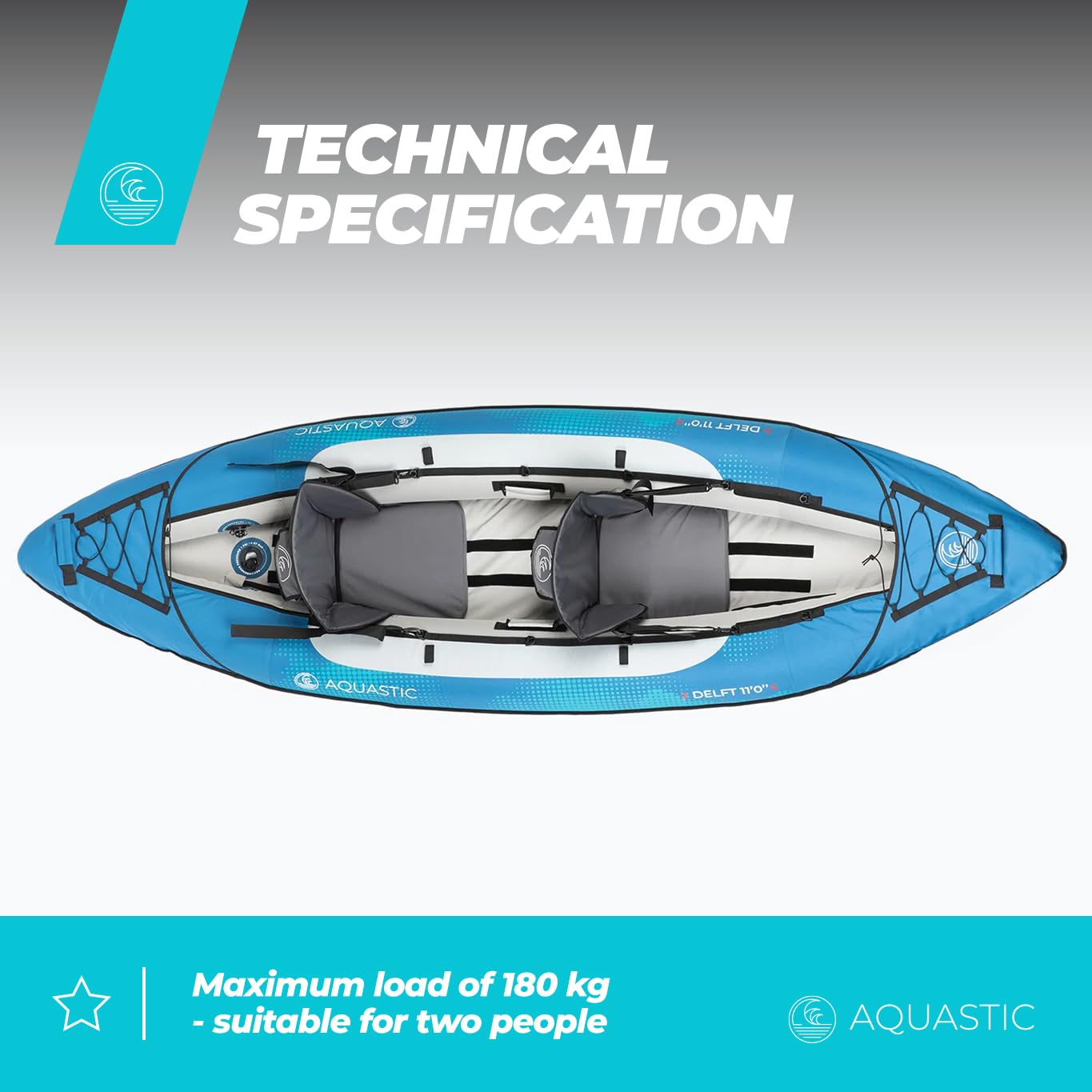 AQUASTIC Kayak Dolph 11'0" - Kayak Gonflable pour 2 Personnes - avec Deux sièges - Stabilisateur Gonflable et Housse de Protection - 335 x 96 cm - Idéal pour Le Rafting et Les Excursions - Matériau