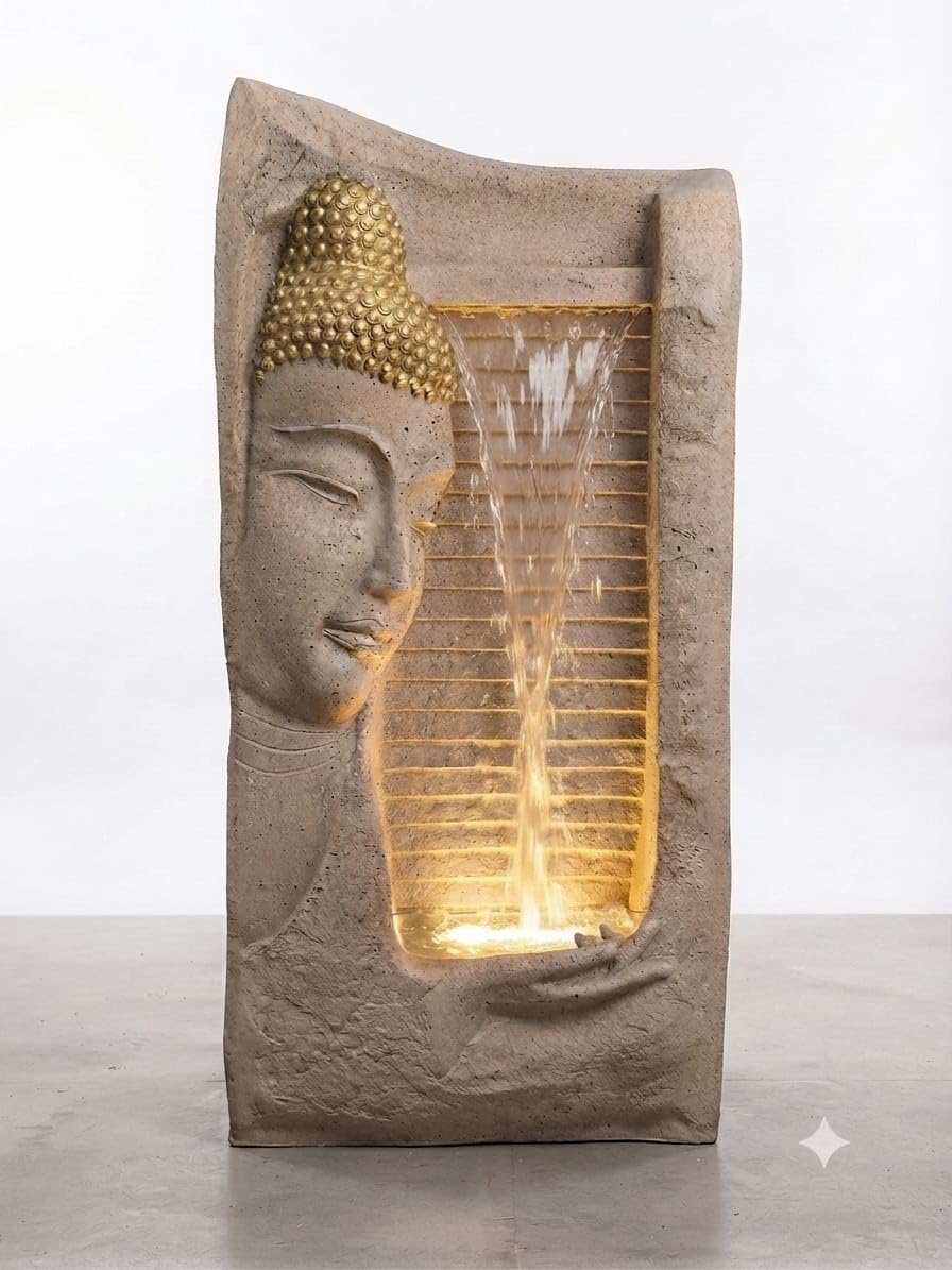 Serenity Buddha Face Indoor Water Fountain with LED Lighting & Wooden Base-image-3