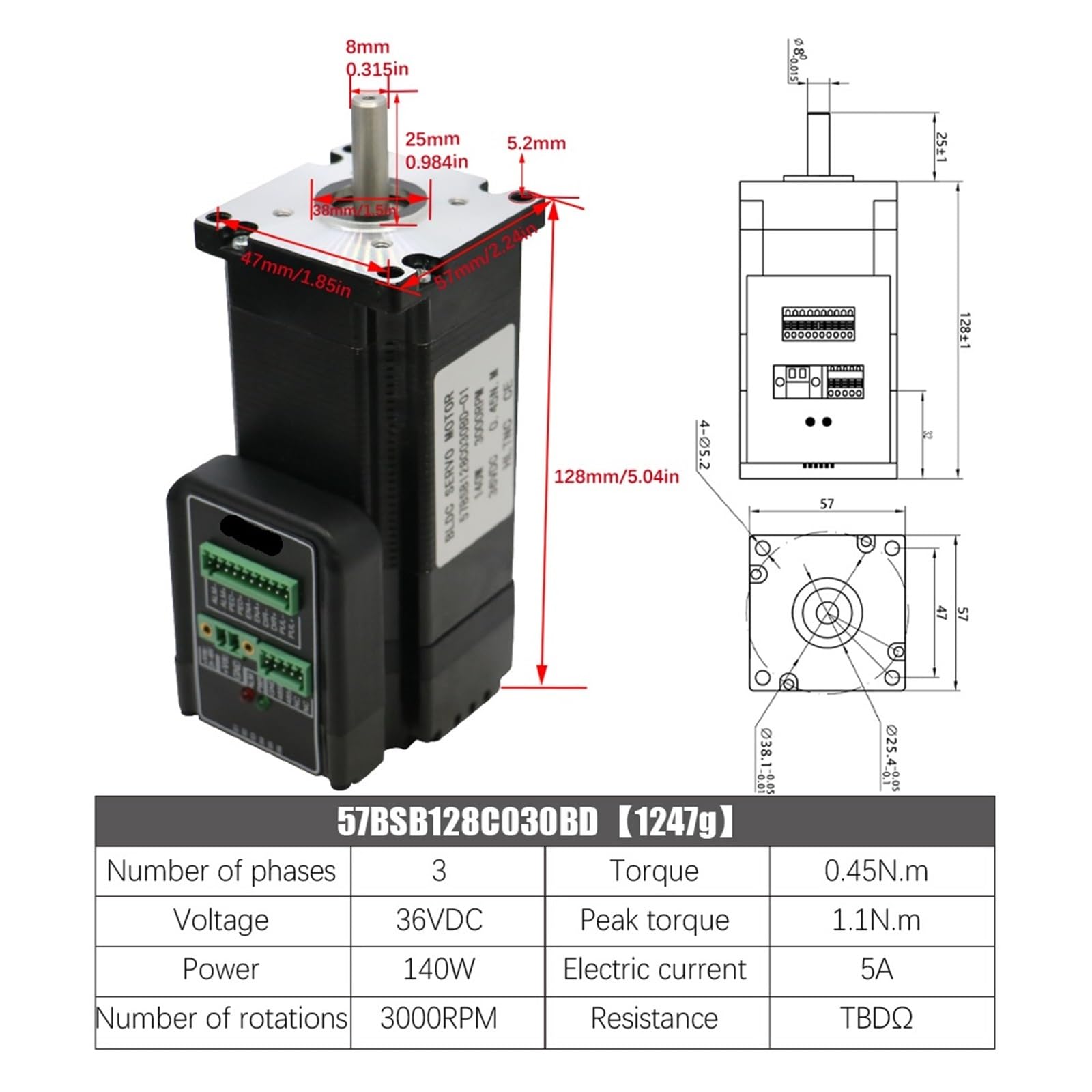 Silnik Wrzeciona, Serwomotor o dużej prędkości 3000 obr./min, kołnierz 57 mm, 90 W, 140 W, 180 W, zintegrowany napęd serwosilnika Silniki DC36V Nema 23 0,28 Nm 0,45 Nm 0,57 Nm(90w 3000rpm)