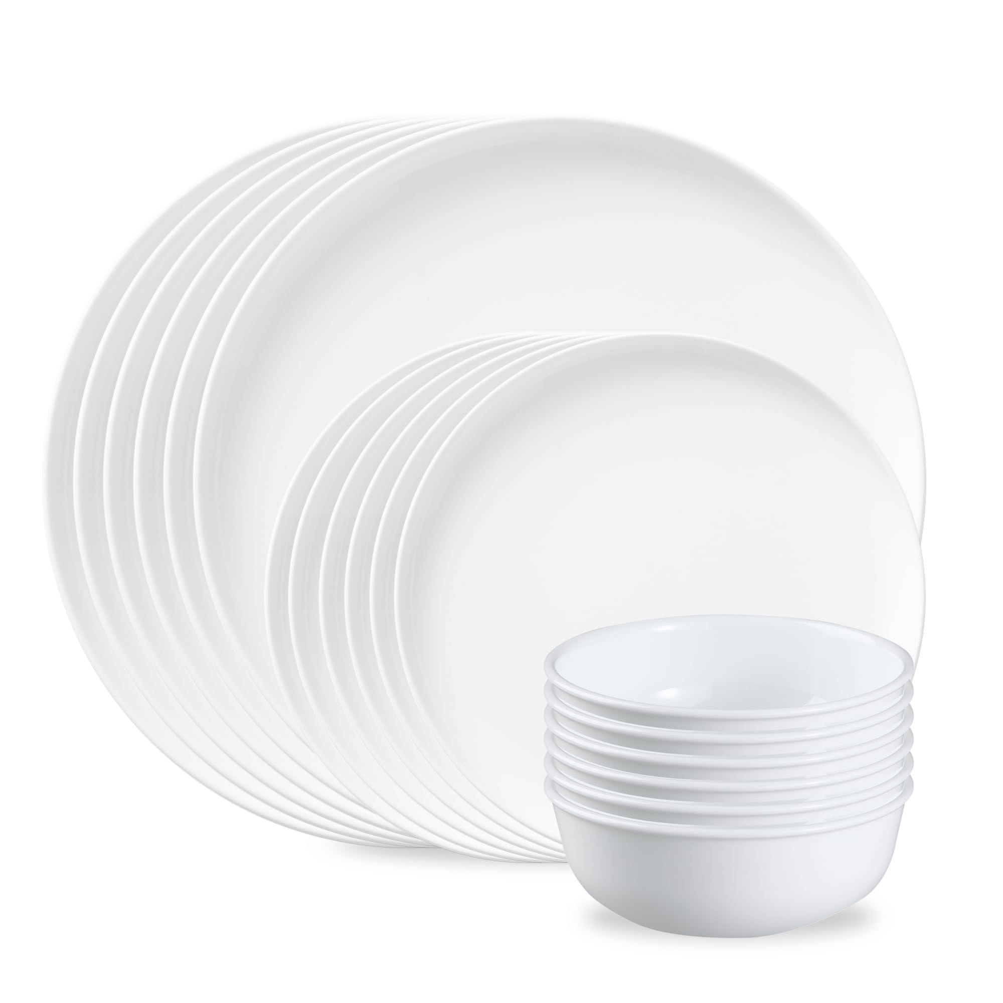 Modern Round 18-Piece Dinnerware Set, Service for 6 | Lightweight, Chip-Resistant Vitrelle Glass Plates & Bowls | Dishwasher, Microwave & Oven Safe | Made in USA