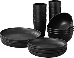 Conjunto Aparelho de Jantar 18 Peças, 6 Pratos, 6 Bowls, 6 Copos, Preto, Resistente, Serviço de Janta Resistente, Jogo de Louça Luxo