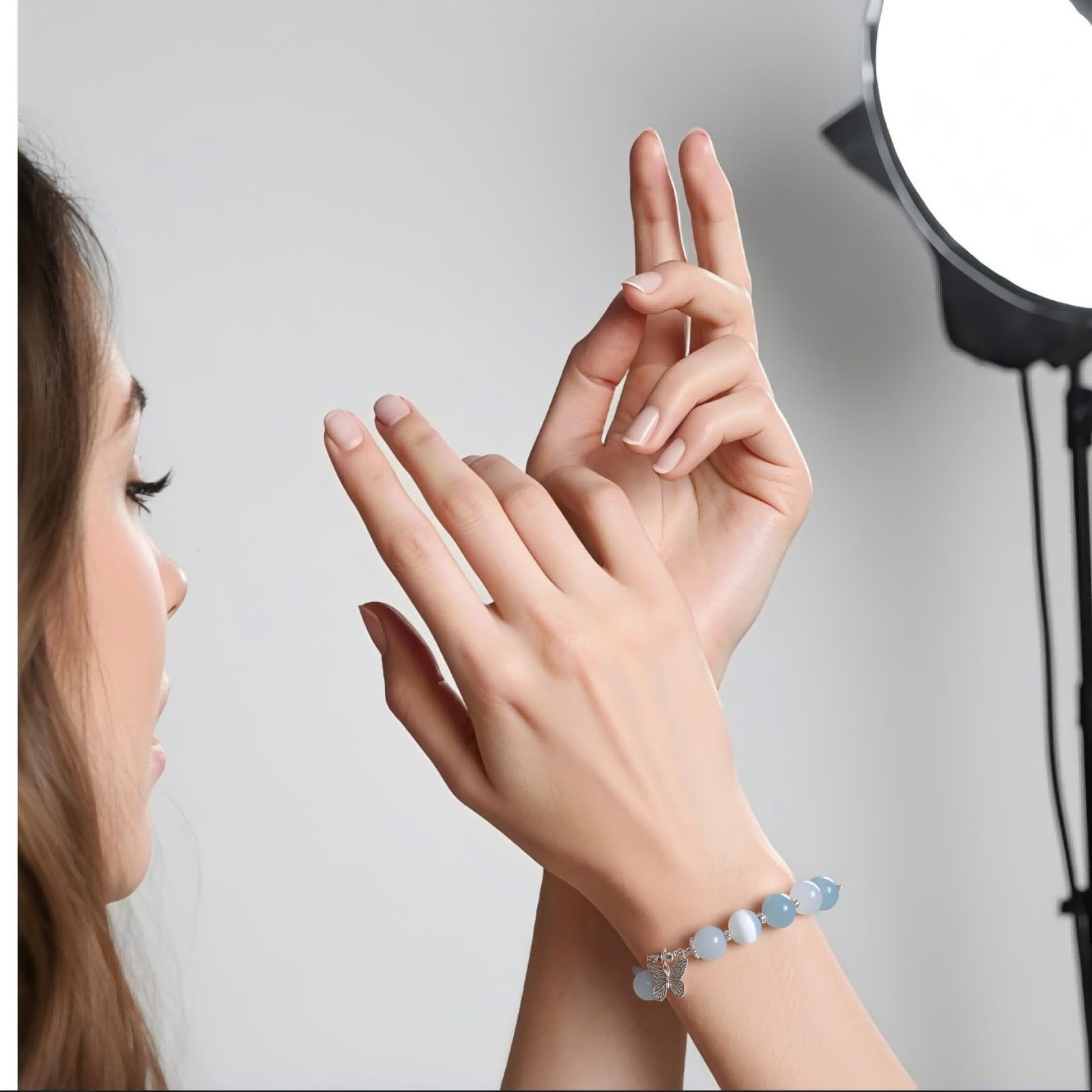 LYGBAOFUL Pulsera elástica, Piedra de Ojo de Gato, Pulsera de Aguamarina para Mujer, Cuentas de Cristal Natural, Regalo de joyería