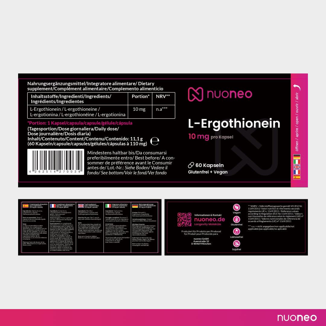 L-Ergotioneína 10 mg - 60 cápsulas veganas para 2 meses - Ergotioneína para el suministro celular - Probado en laboratorio y fabricado en Alemania nuoneo