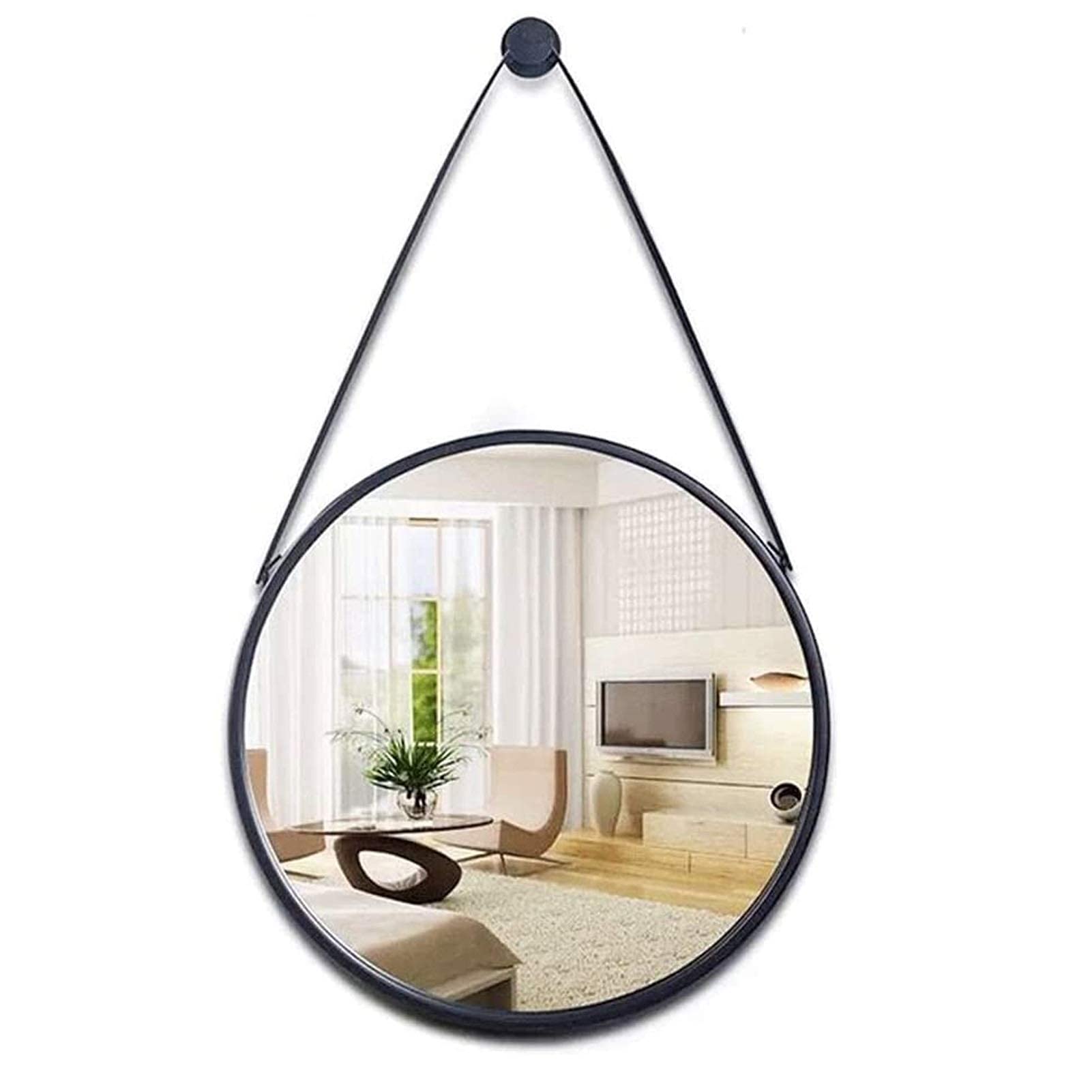 TYUHDUYUR Classic Round Hanging Mirror with Chain Strap Black | Circular Wall Mirror Decor | Circle Vanity Makeup Mirrors for Bathroom Washrooms Hallway Entryway Dressing with Wall