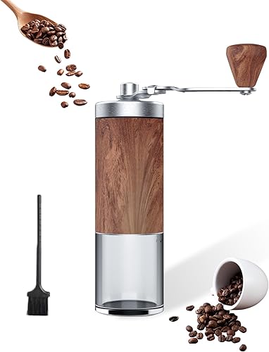 Miniatura 1 de Molinillo de café manual con acabado de grano de madera, compacto 5 rebabas cónicas preestablecidas, capacidad de 1.06 oz para todos los métodos de