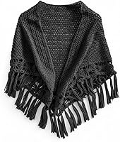 Soyasi Handmade Crocheted Shawl Wrap - Soft Warm Pashmina for Fall Winter, Black Beige Burgundy Fringe
