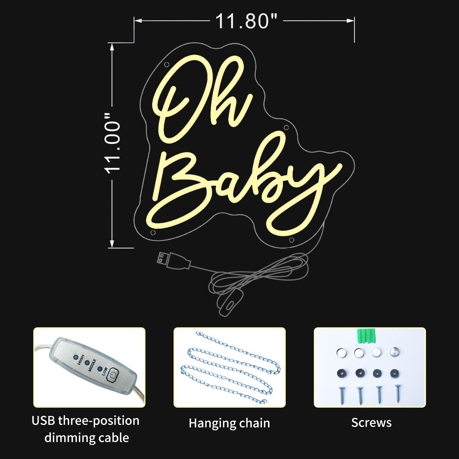 Oh Baby Neon Signs For Wedding, LED Neon Lights For Bedroom USB Powered Light Up Wall Decor Adjustable Brightness Led Signs for Wall Birthday Party Home Decor Warm White 11.8x11"