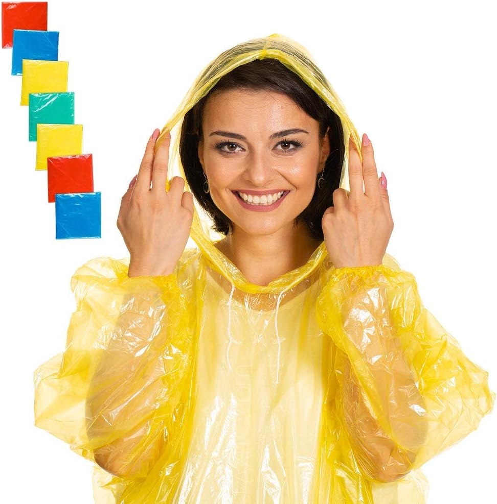 Disposable Rain Poncho Plastic Waterproof - With Drawstring Hood And Elastic Sleeve - Adults Rain Ponchos 50% Thicker 7 or 5 PACK - Water Poncho for Men Women Child or Kids