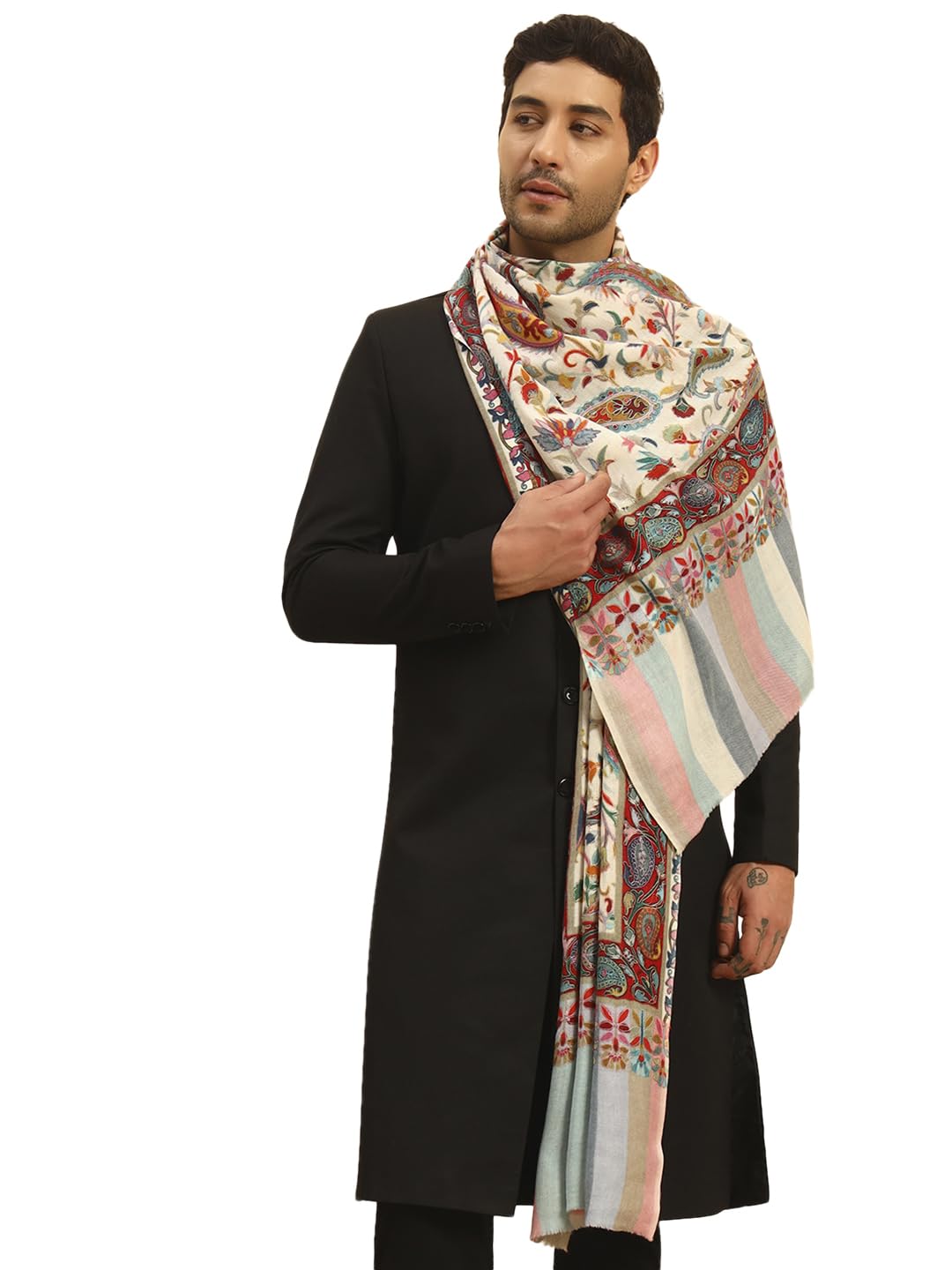 Men Floral Whispers 100% Pure Wool Fabric Kalamkari Embroidered Stole (Size-28x80in, 71x203cm)-image-8