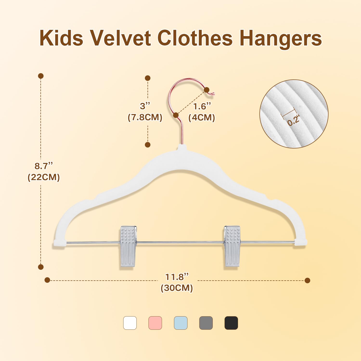 Appendiabiti per Bambini con clip, 30cm Grucce per Bambini con Ganci Girevoli a 360°, Grucce di Velluto Antiscivolo per Camicie, Pantaloni, Gonne, Abiti, Giacche 14 Pezzi Bianco (Oro Rosa)