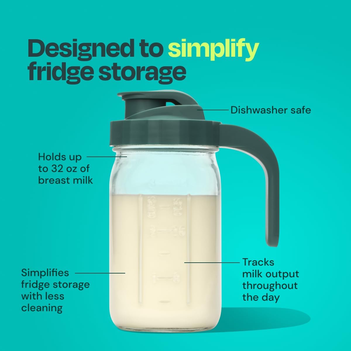 Willow Glass Breastmilk Pitcher with feature callouts