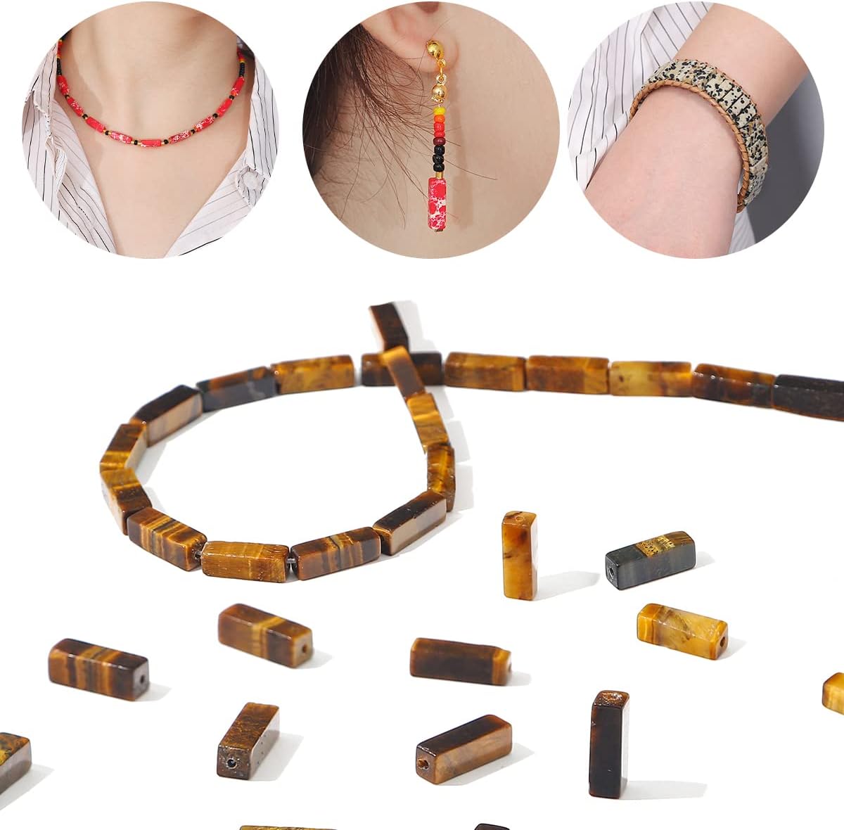 BEADIA Natural Yellow Tiger Eye Tube Beads 13x4mm 30pcs Rectangle Loose Semi Gemstone Beads for Jewelry Making Design Yellow Tiger Eye Rectangle 13x4mm