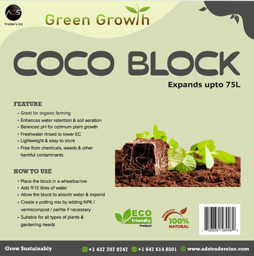Adstraders Green Growth Coco Block - 75L, 5Kg Coco Coir Growing