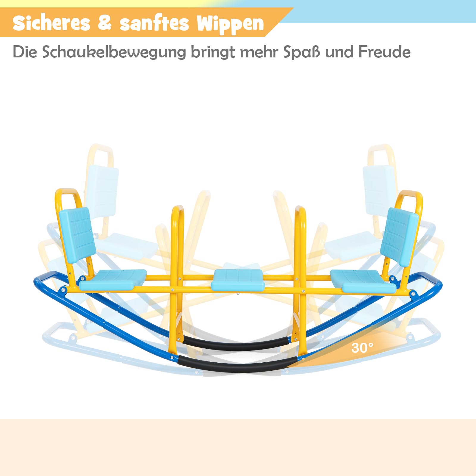 DREAMADE 3 Sitzer Kinder Wippe mit Rückenlehnen und Griffe, Schaukelwippe Metall 136x60x39cm, Karusselwippe Gartenwippe für Indoor und Outdoor, für Kinder 3-8 Jahren (Blau)