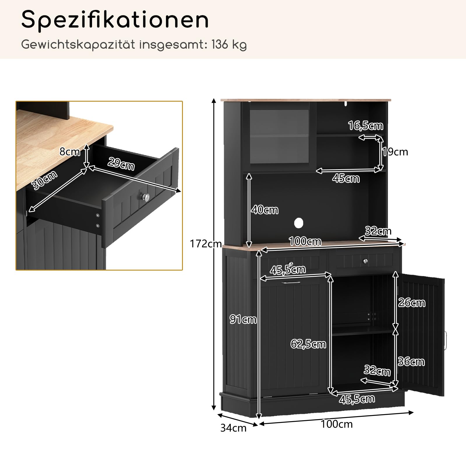 COSTWAY Küchenschrank, für 45 L Mülleimer, Buffetschrank mit Arbeitsplatte & 2 Schubladen & verstellbaren Einlegeböden, Hochschrank Küche für Mikrowelle, Kommode Holz, 100 x 34 x 172 cm (Schwarz)