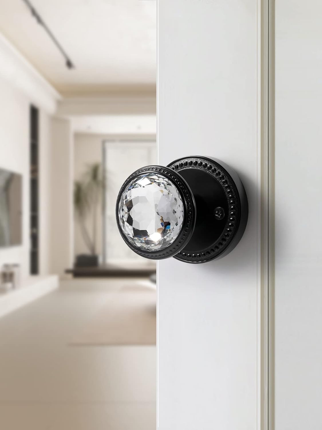 1 Pack Black Door Knobs Crystal Door Knob Passage Door Knob for Hall and Closet Glass Matte Black Zinc Alloy