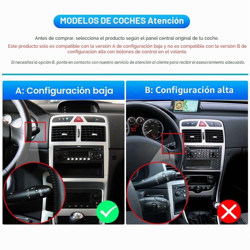 8 Núcleos 4+64 GB Radio Android para Peugeot 307 2002–2013, Pantalla táctil 9″ 1280×720 IPS con CarPlay & Android Auto inalámbrico, GPS WiFi DSP 32EQ + cámara AHD y micrófono Externo