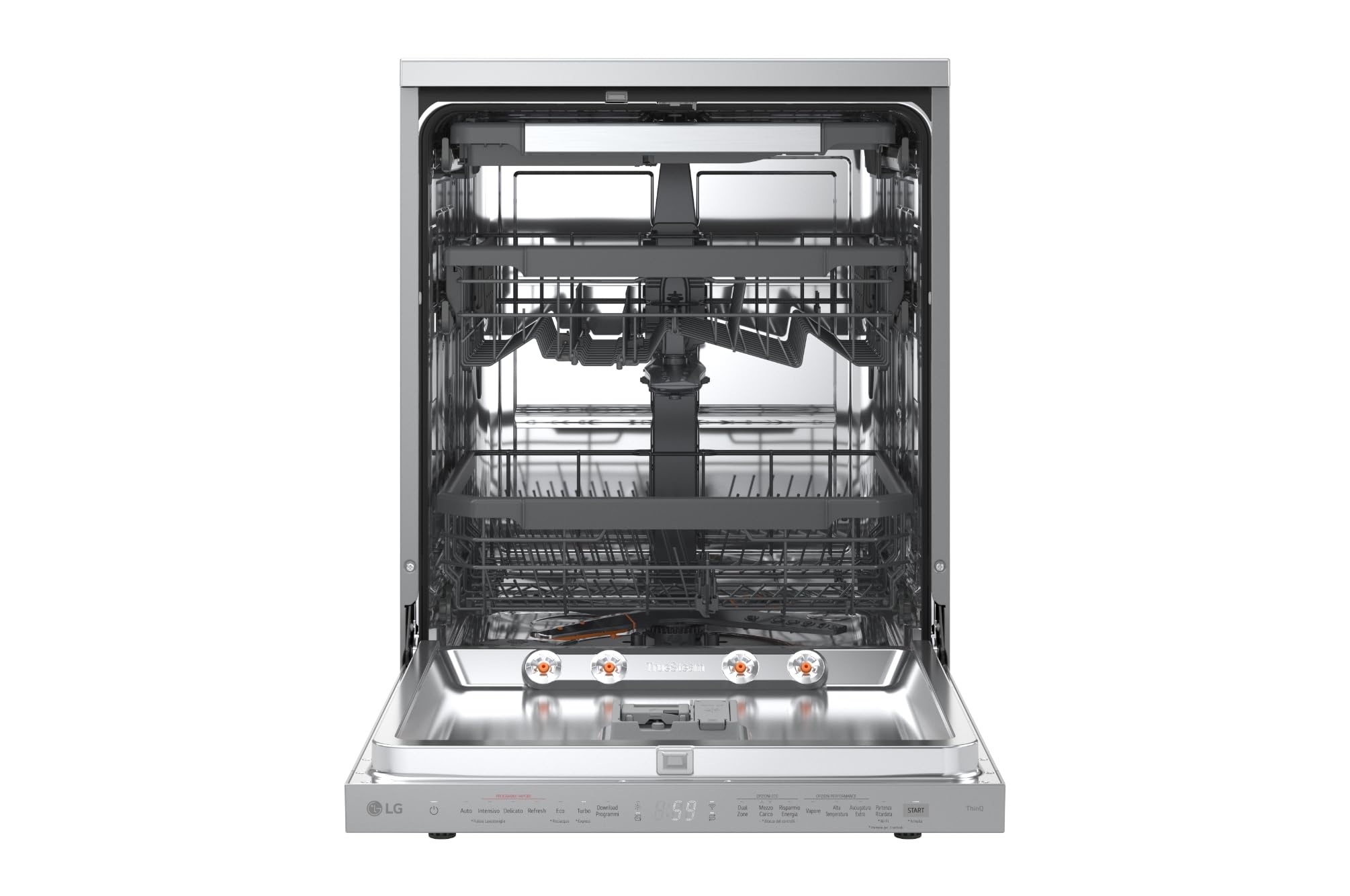 LG DF375HVS Lavastoviglie Libera Installazione Classe A, 14 Coperti, Lavaggio a Vapore TrueSteam, LED Esterno, Sistema QuadWash con 4 Bracci Irroratori, Serie 5, Auto-Apertura, 43dB, Wi-Fi, Grigia