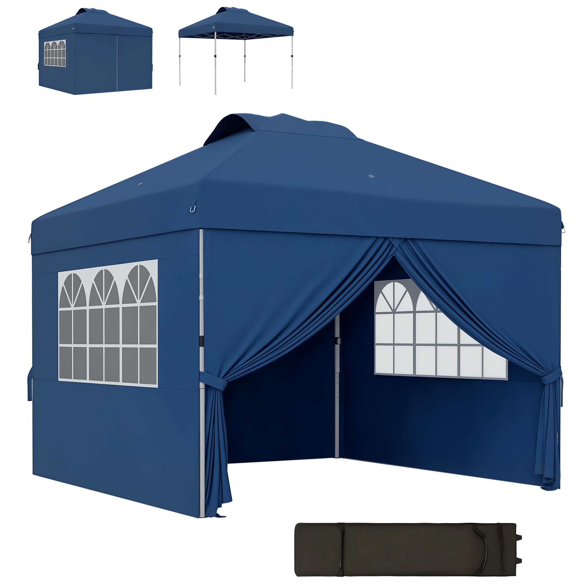 Outsunny Tonnelle de Jardin Pliante 3 x 3m Hauteur Réglable Bleu Foncé | Tente de Réception Pop-up, Parois Latérales, Aérations, Fenêtres, Sac de Transport à Roulettes, Tissu Oxford