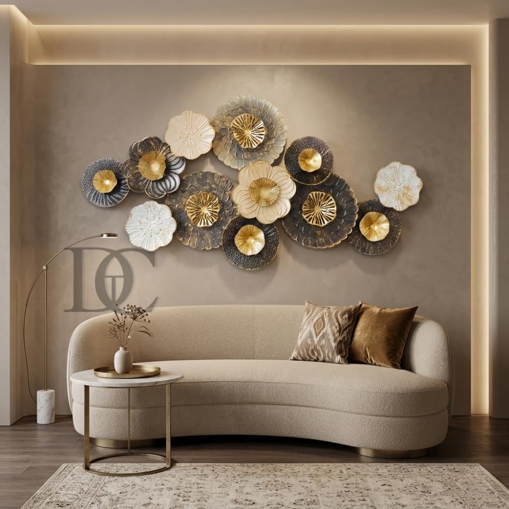 Large 3D Metal Wall Art for Living Room, Luxury Floral Wall Decor for Sofa Back Wall, Modern Abstract Metal Wall Hanging in Gold Black and White, Contemporary Wall Showpiece for Bedroom, Dining Room, Hall-picture-47