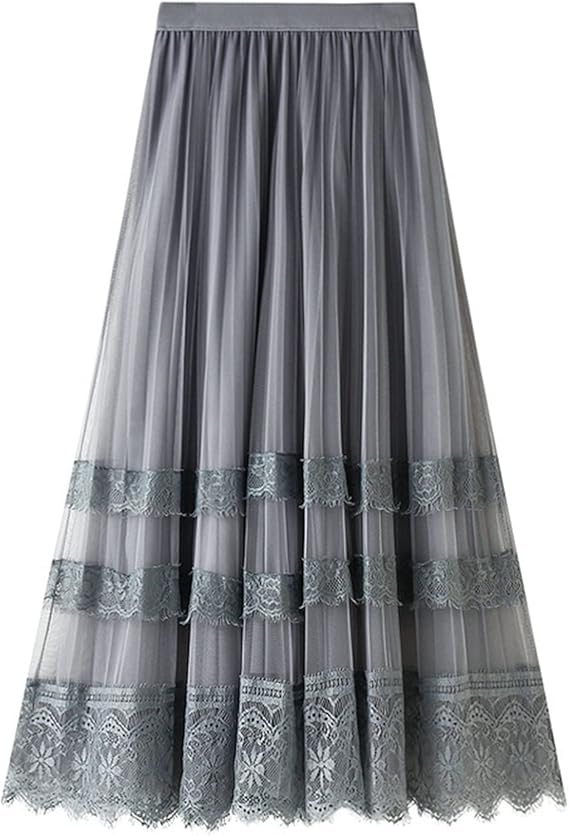 Amazon 二層チュール レース スカート ボトムス レディース 切り替え 膝下丈 プリーツ フレア ボリューム ティアードスカート Aライン ハイウエスト 細見え 抜け感 春夏 ロングスカート かわいい 優しい 日常 スカート 通販