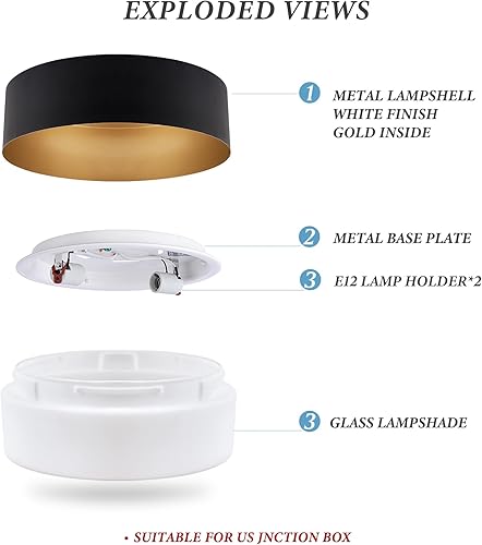 Miniatura 5 de Vikaey Lámpara de techo moderna de mediados de siglo, lámpara de techo redonda minimalista de 2 luces, lámpara de techo de tambor negro y dorado con