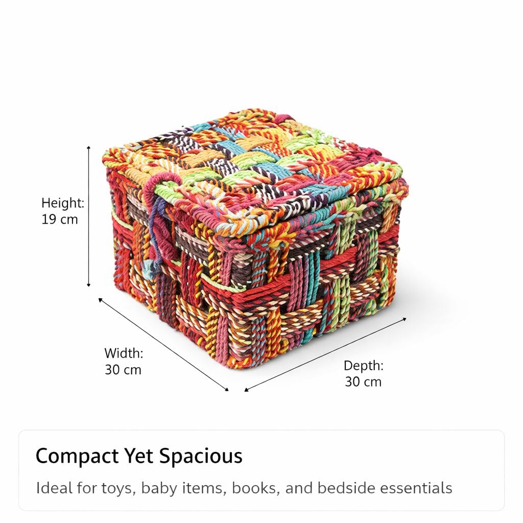 The Tickle Toe Cotton Rope Storage Basket with Lid β Set of 2 | Durable Iron Frame, Eco-Friendly Multipurpose Organizer for Home, Bedroom & Nursery | 35x35x25 cm & 30x30x19 cm 1