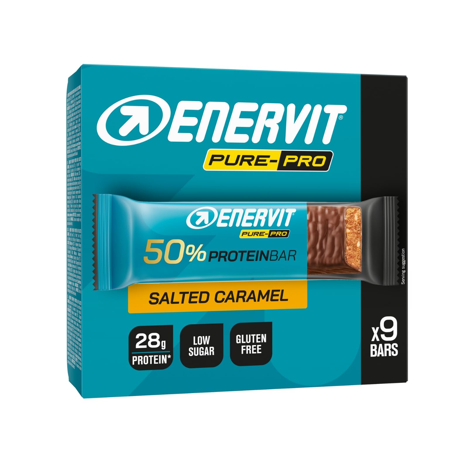 Enervit Pure-Pro Protein Bar 50% Salted Caramel, Barrette Proteiche Senza Zucchero e Senza Glutine, Snack Proteici con 28g Proteine, Post Workout intensi, Ripieno Gusto Caramello, 9 Barrette da 55g