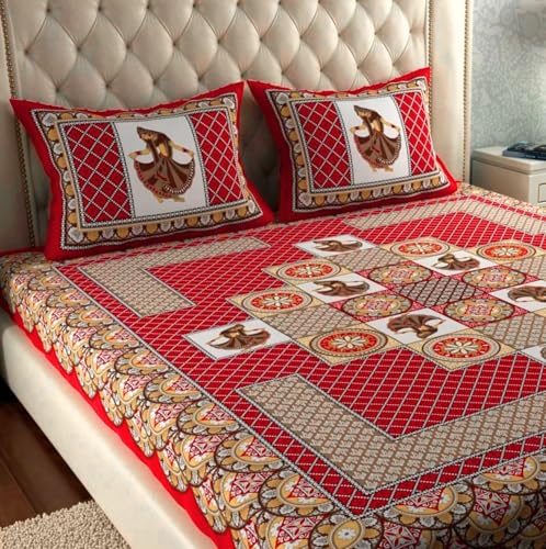 Image of UNIBLISS 100% Cotton Rajasthani Jaipuri Traditional Floral King Size Double Bed Bedsheet with 2 Pillow Covers - (Multicolor Bedsheets012)