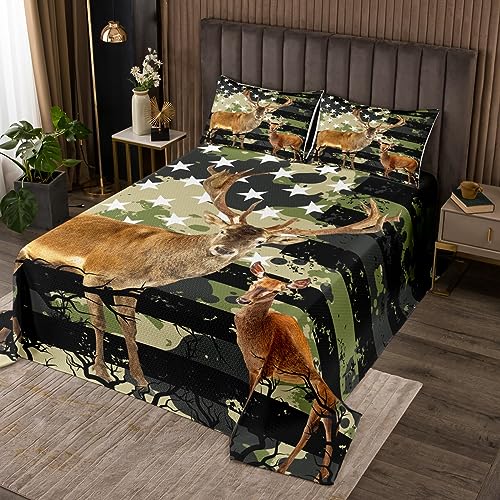 Army Green Camo Amerikanische Flagge Tagesdecke M Größe 3D Hirsch Bettwäsche Jagd Wilde Tiere Tröster Set Kinder Männer Zimmer Dekor Schwarz Weiß Sterne Streifen Quilt Coverlet,2 Kissenbezug