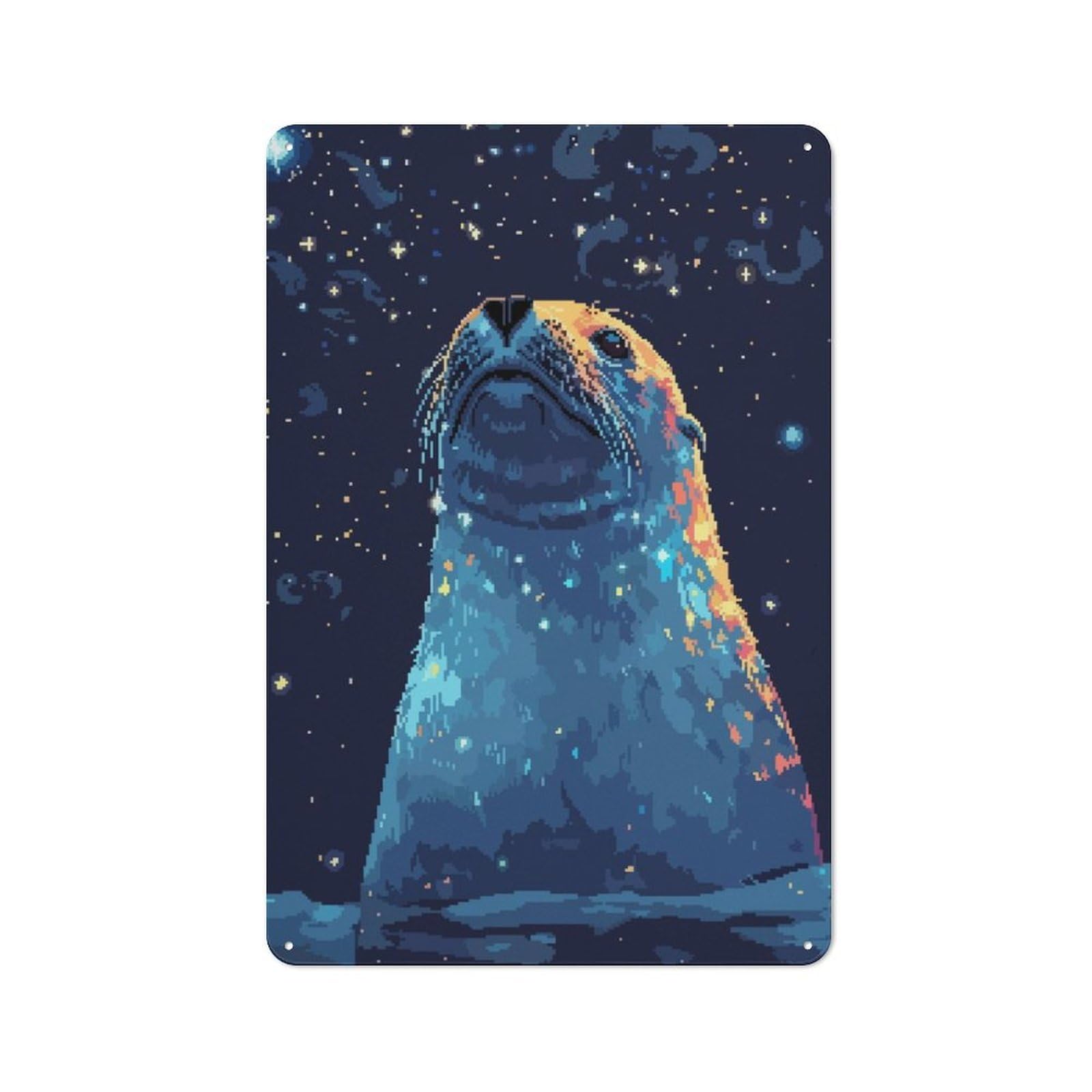 Junmoney Retro Cute Seal Pixel Art Tin Wall Plaque 30X20cm With For Guest Room Or Hallway, For Hallway Wall Decor Fans