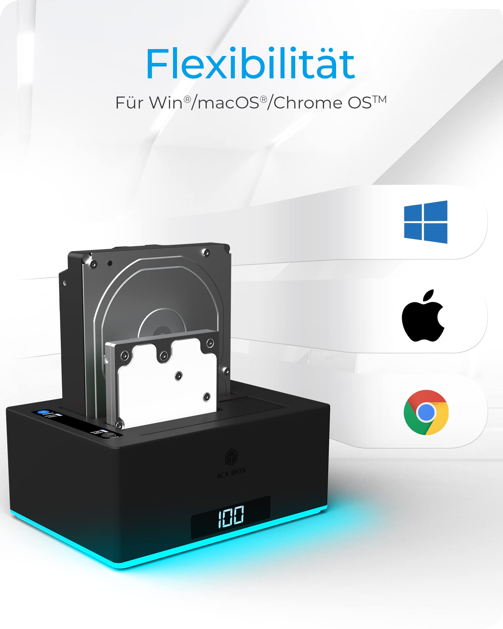 ICY Box USB 3.0 2-Fach Festplatten Docking Station für 2,5" und 3,5" SATA HDD/SSD, RGB, Offline-Klonfunktion, USB-C & USB-A, UASP, IB-127CL-U3