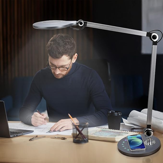 Buanick Desk Lamp,Led Architect Desk Lamp,Desk Lamps for Home Office,Table lamp with Wireless Charger & Adjustable Swing Arm,Touch Control, 3 Lighting Mode,5 Brightness,Eye-Caring Office Lamp photo 2
