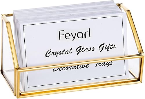 Feyarl Soporte de cristal para tarjetas de visita de oficina organizador de tarjetas de visita para oficina escritorio y encimera dorado