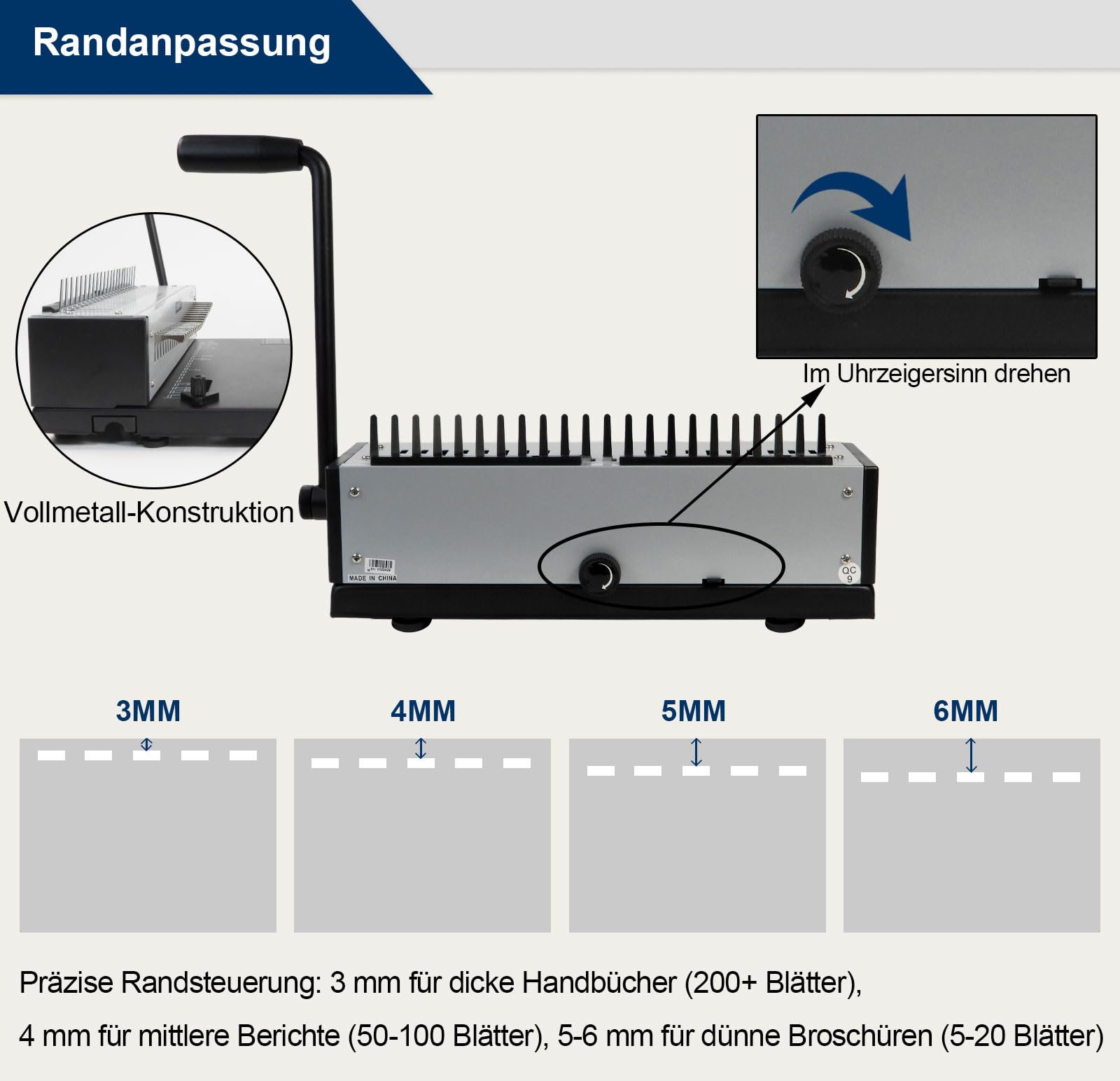RAYSON Plastik-Bindekamm Bindegerät, 21 Löcher, Bindet 200 Blatt, SD-1501A21 | 21 herausnehmbare Stanzmesser, Robuste Metallkonstruktion