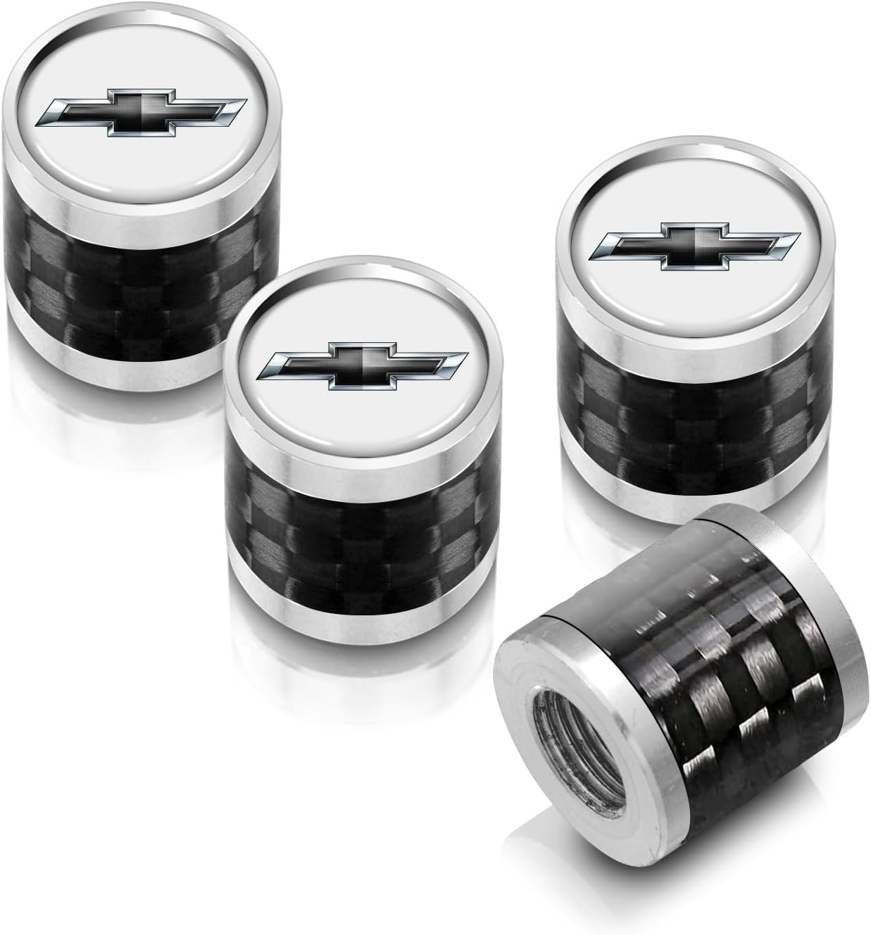 iPick Image for Chevrolet Black Logo on Real Carbon Fiber Barrel Black Aluminum Tire Valve Stem Caps (White/Silver)