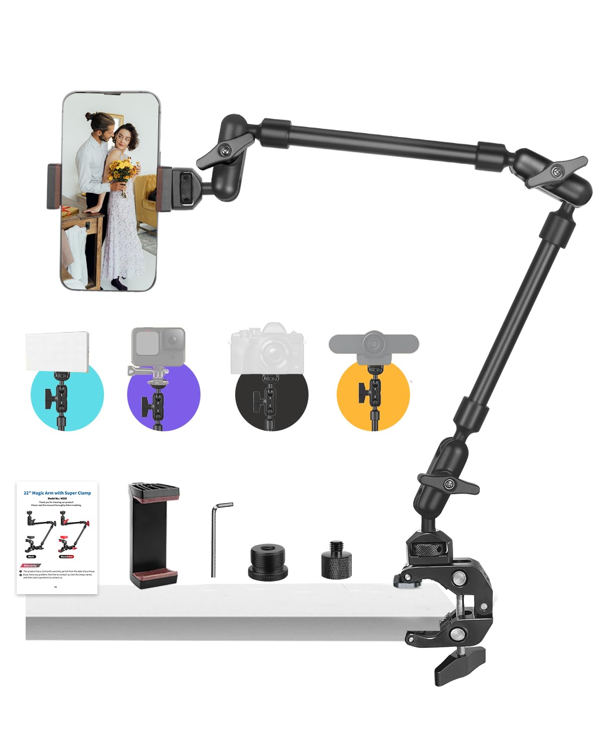 JEBUTU 22 Magic Arm w Clamp Overhead Phone Mount Desk Camera Mount w Articulating Friction Boom Arm Thread